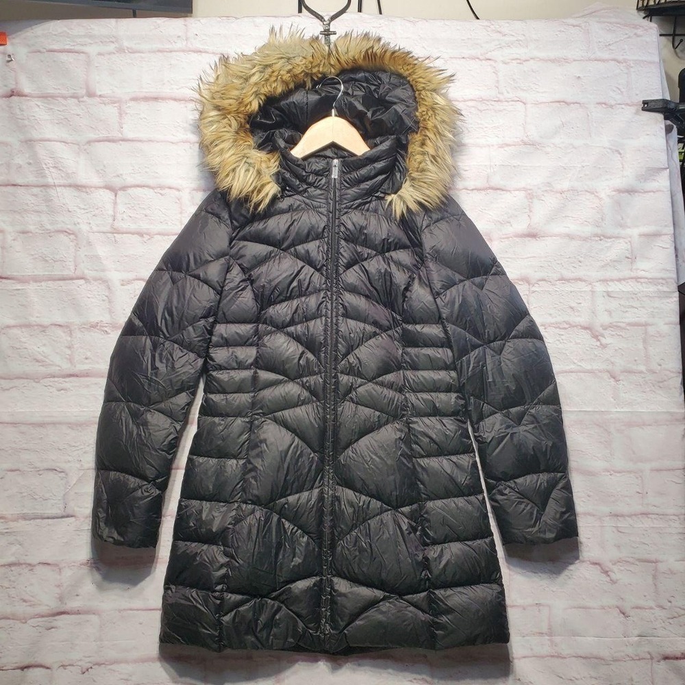 Jones New York Coat Womens Small Petite Black Down Puffer Faux Fur Hood Quilted